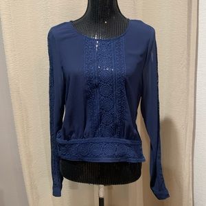 Navy Blue Sheer Embroidery Blouse sz Large